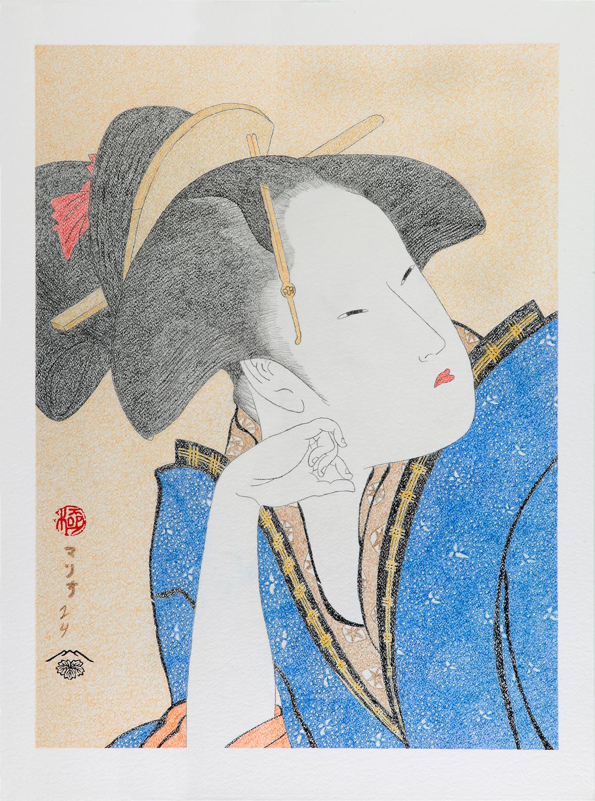 Mario B. Gil Portrait - Japanese Art Ukiyo-e Figurative painting, Reflective Love, Edo period 