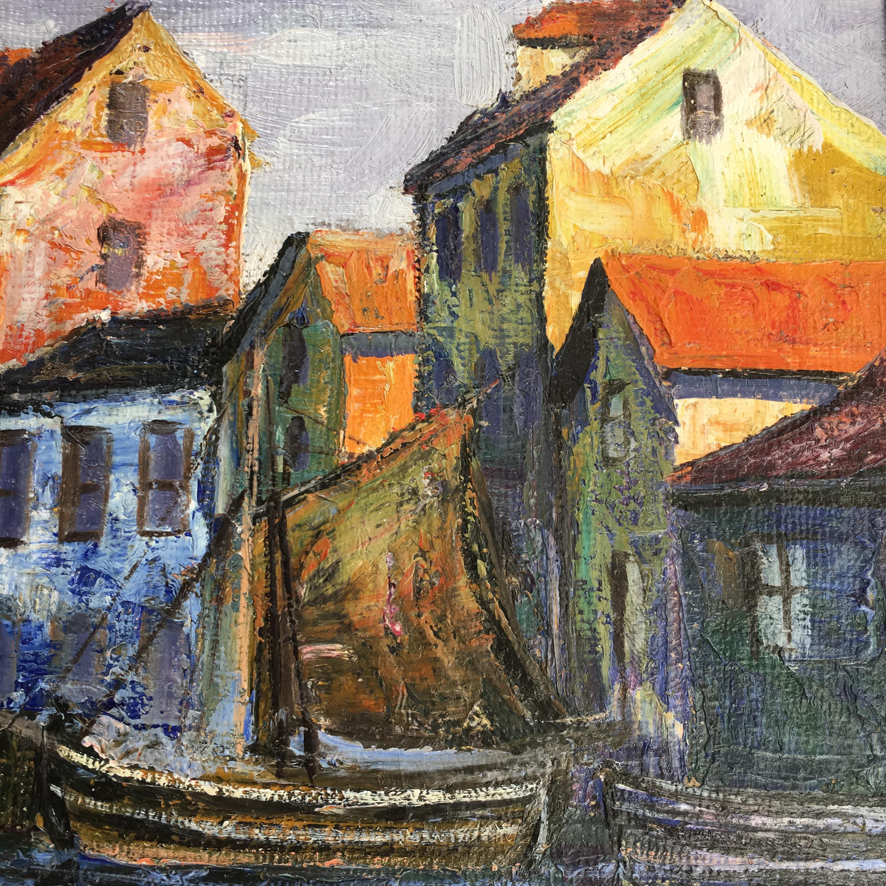 Impresionist Painting Landscape Boats on the canal, Amsterdam. Blue red yellow - Gray Landscape Painting by Tuure Khanthill