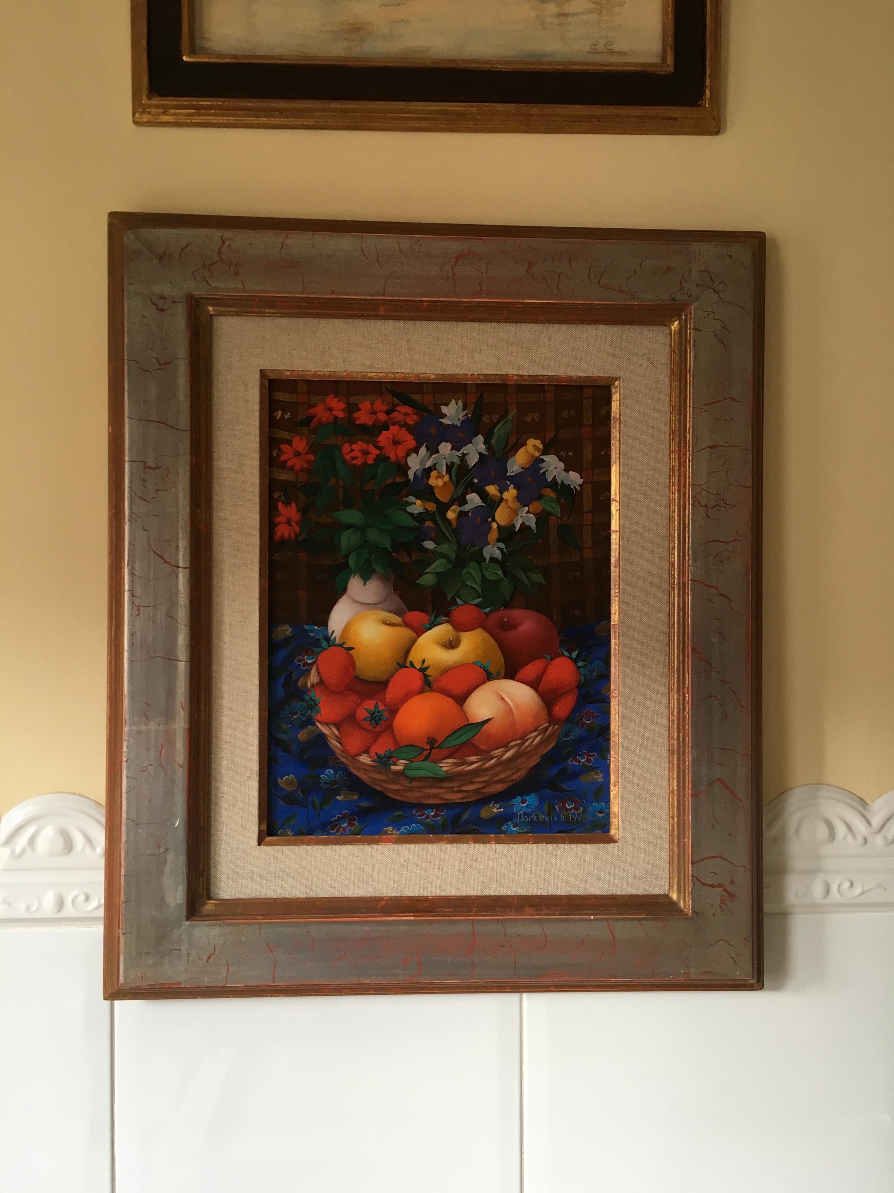 Naive art Still-life with apples and strawberries Red, blue, green, brow colors For Sale 1