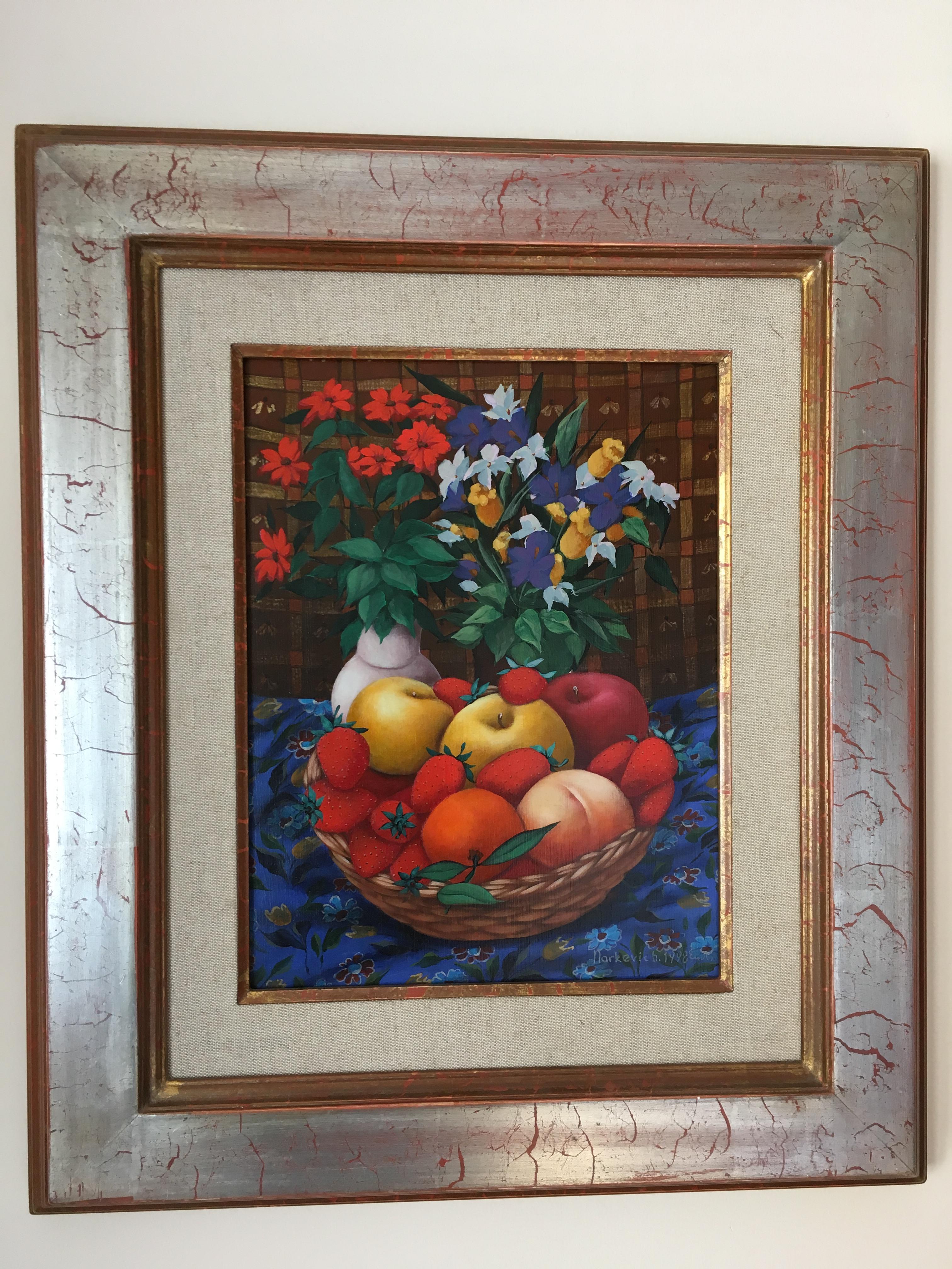 Naive Kunst Stilleben mit Äpfeln und Erdbeeren Rot, Blau, Grün, Brauntöne im Angebot 1