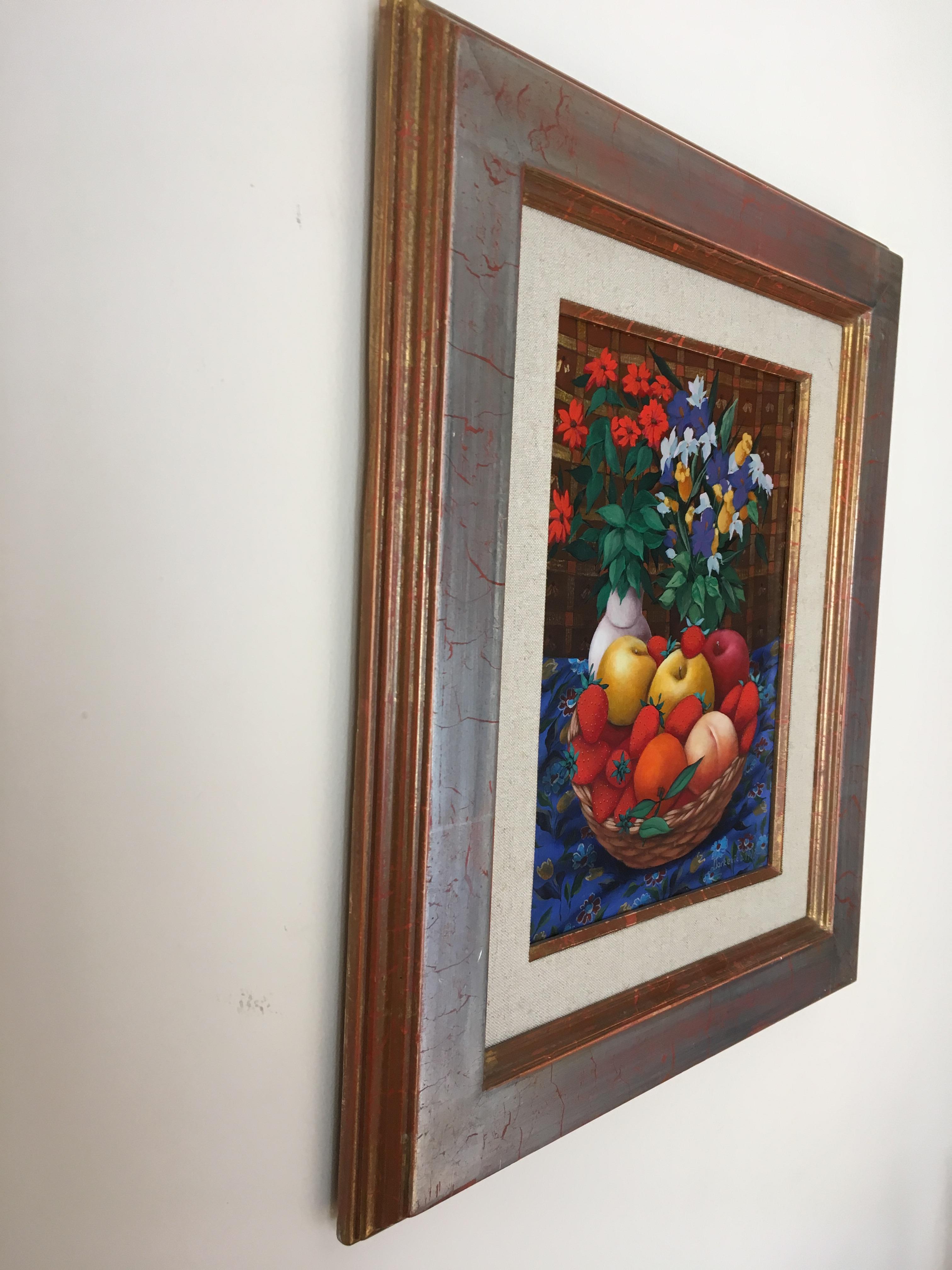 Naive Kunst Stilleben mit Äpfeln und Erdbeeren Rot, Blau, Grün, Brauntöne 2