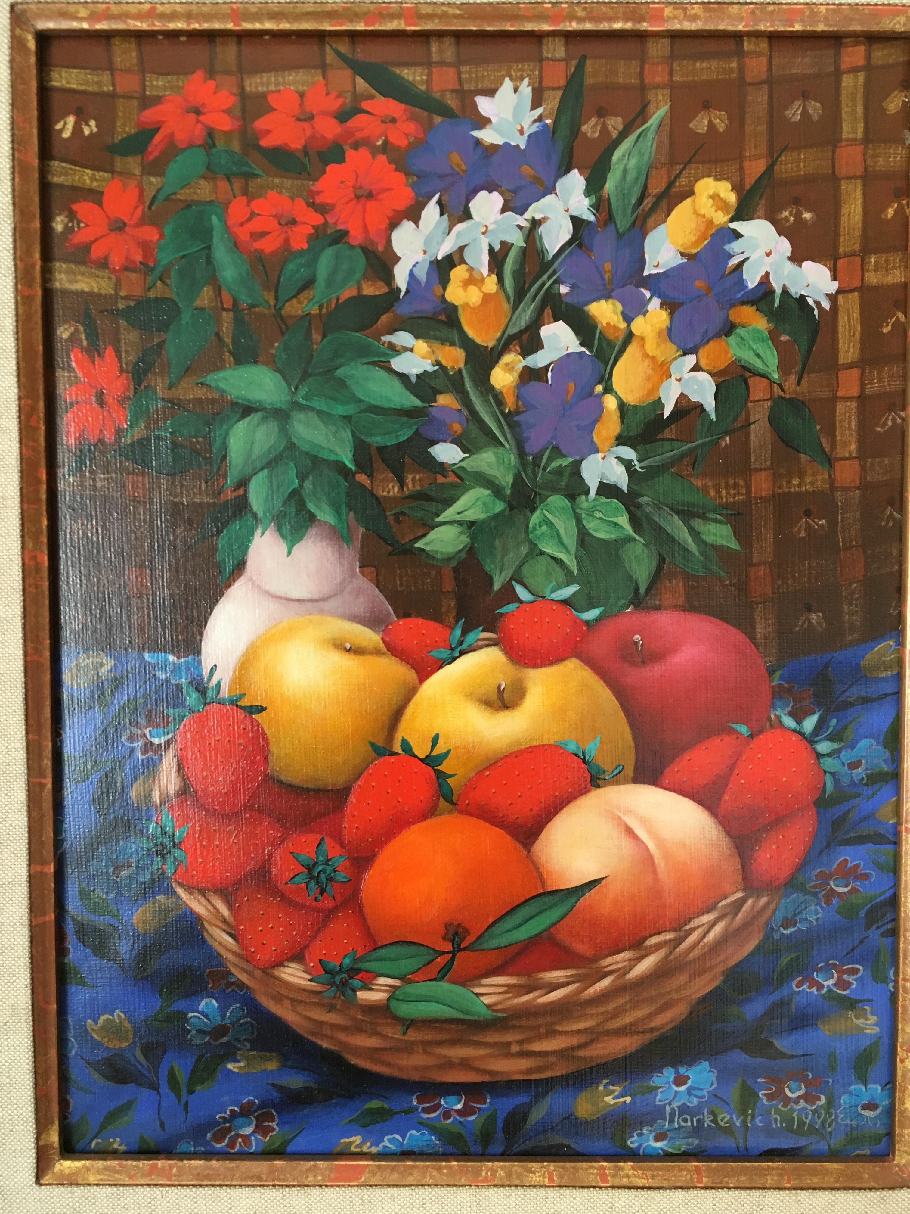 Naive Kunst Stilleben mit Äpfeln und Erdbeeren Rot, Blau, Grün, Brauntöne (Schwarz), Figurative Painting, von Elena Narkevich