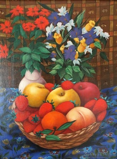 Vintage Naive art Still-life with apples and strawberries Red, blue, green, brow colors