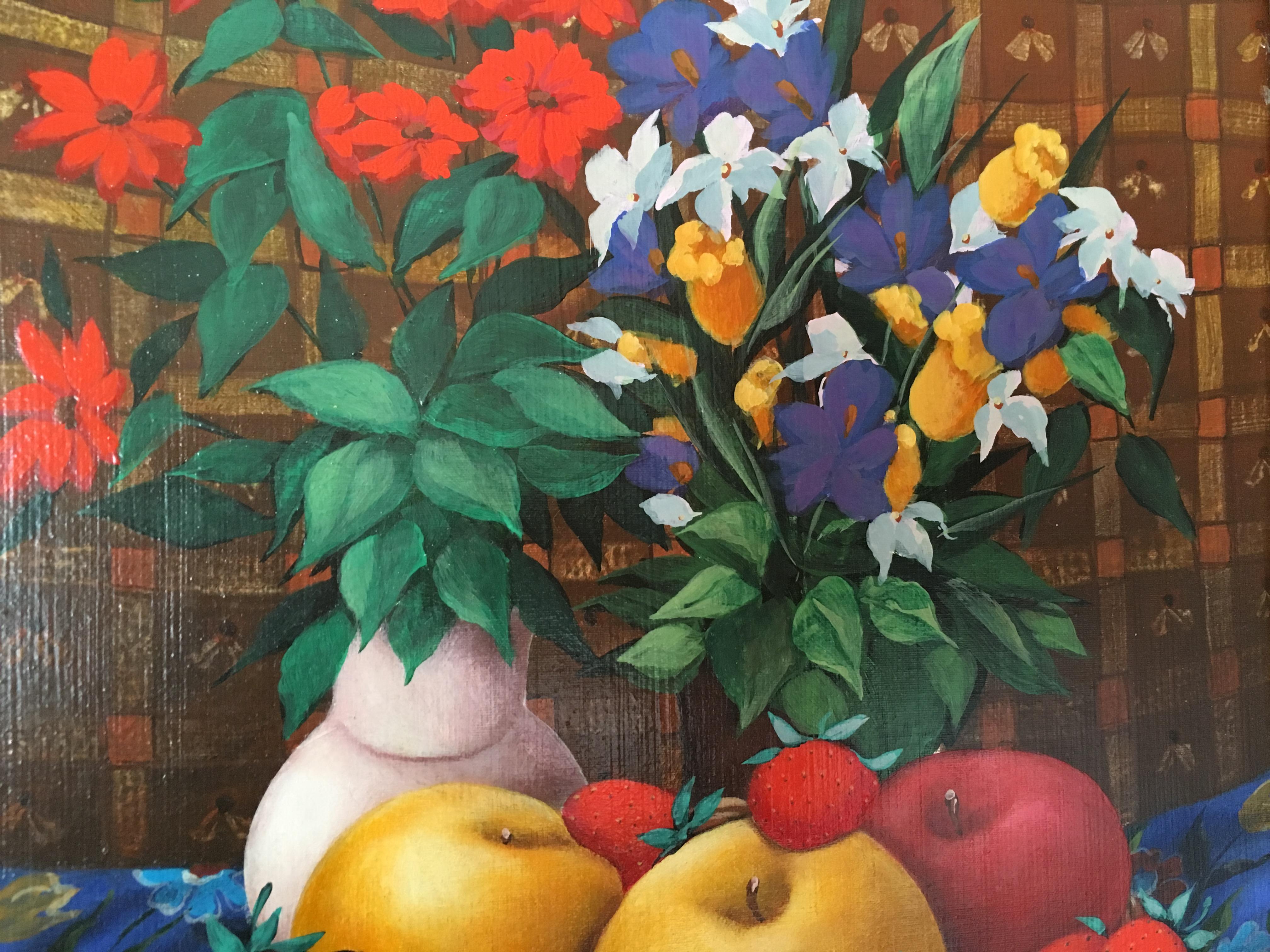 Naive Kunst Stilleben mit Äpfeln und Erdbeeren Rot, Blau, Grün, Brauntöne (Zeitgenössisch), Painting, von Elena Narkevich