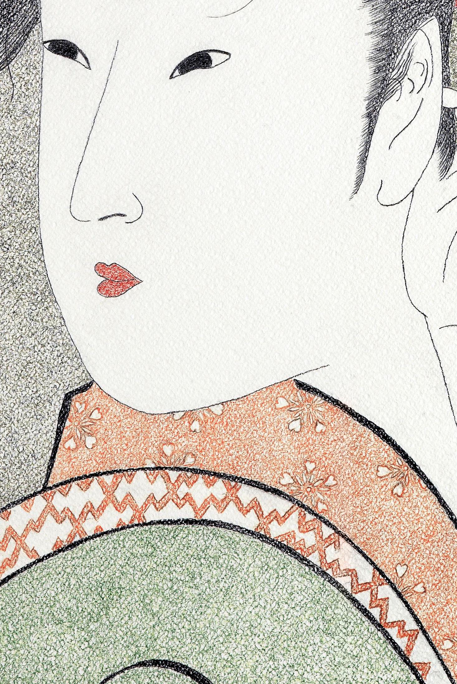 Ukiyo-e Figurative japanische Kunst Ukiyo-e-Gemälde, Schneemond und Blumen, Japanische Kunst  Edo-Periode  (Grau), Portrait, von Mario B. Gil