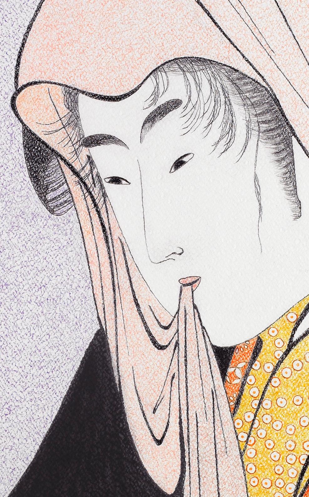 Figuratives japanisches Kunstgemälde, Liebe für einen Straßenwalker,  Edo-Periode (Beige), Portrait, von Mario B. Gil