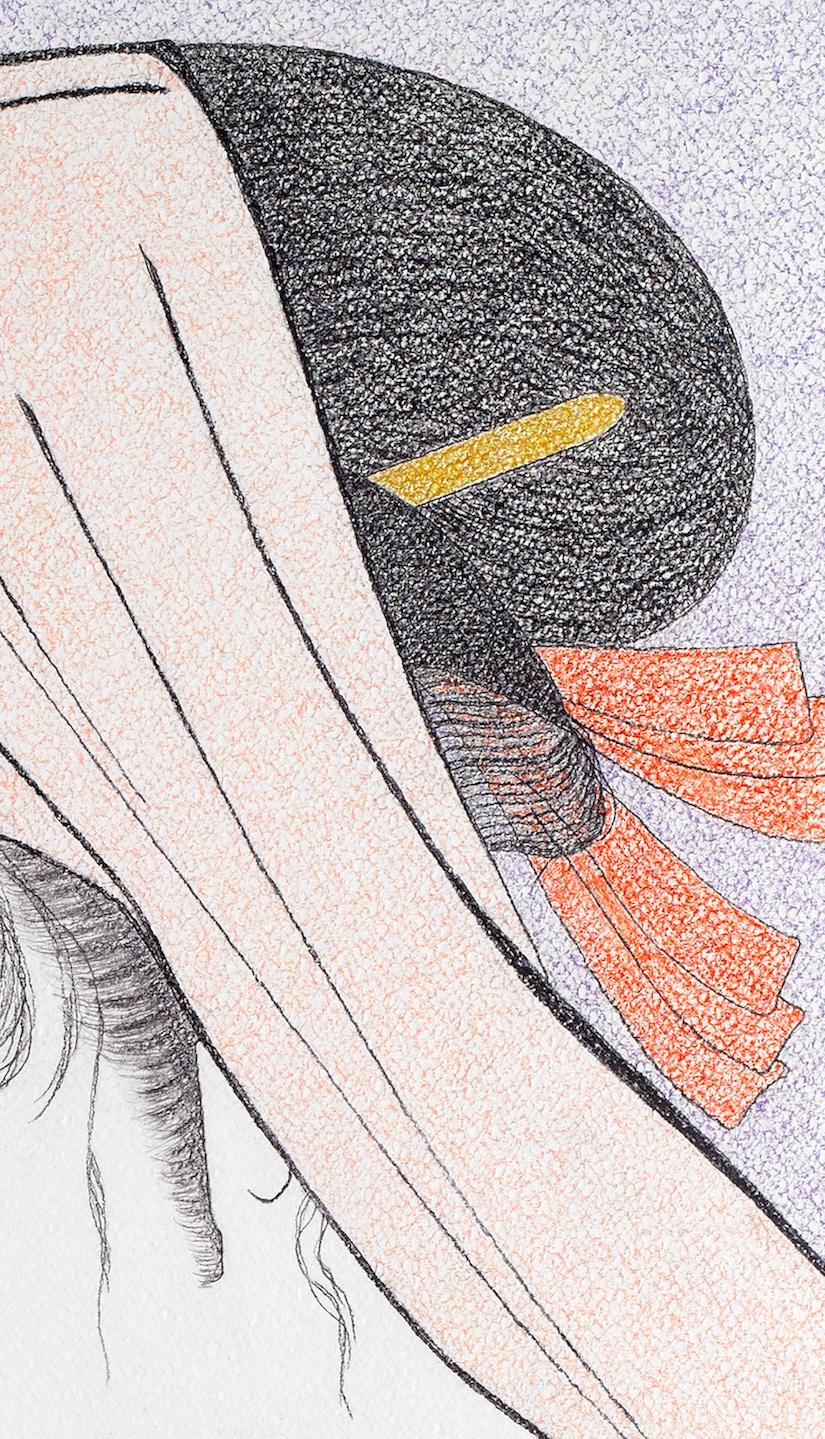 L'AMOUR POUR UN MARCHEUR DE RUE
Crayon, mine de plomb, crayon sur papier. 
Dimensions : (H) 76 x (L) 56 cm.

Portrait séduisant d'une prostituée d'Edo se pressant dans les rues. Elle porte un kimono noir par-dessus des couches de kimonos colorés, en