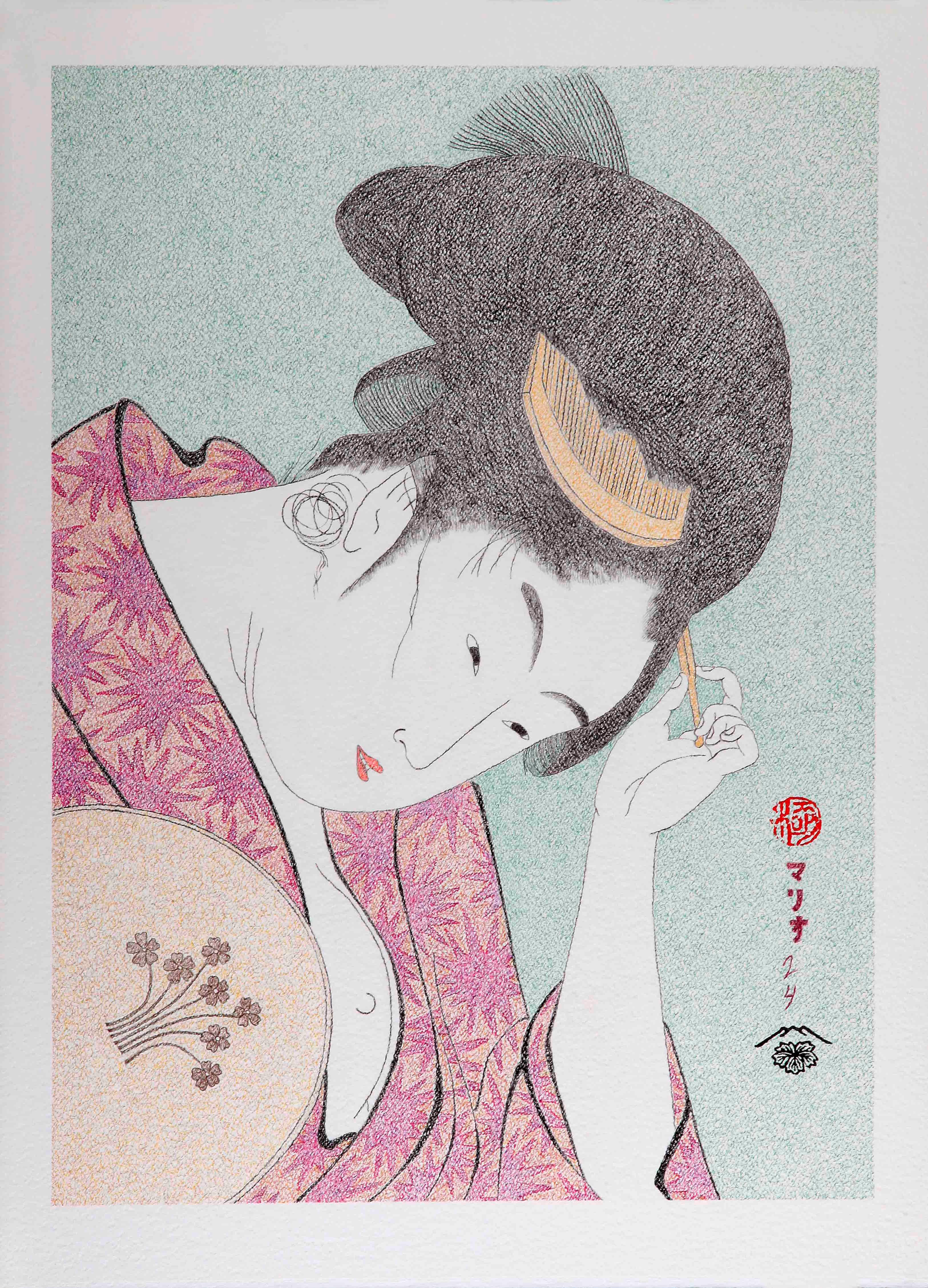 Japanische japanische Kunst Ikiyo-e Figuratives Gemälde, gewaltige Liebe Arawaruru Koi, Edo-Periode