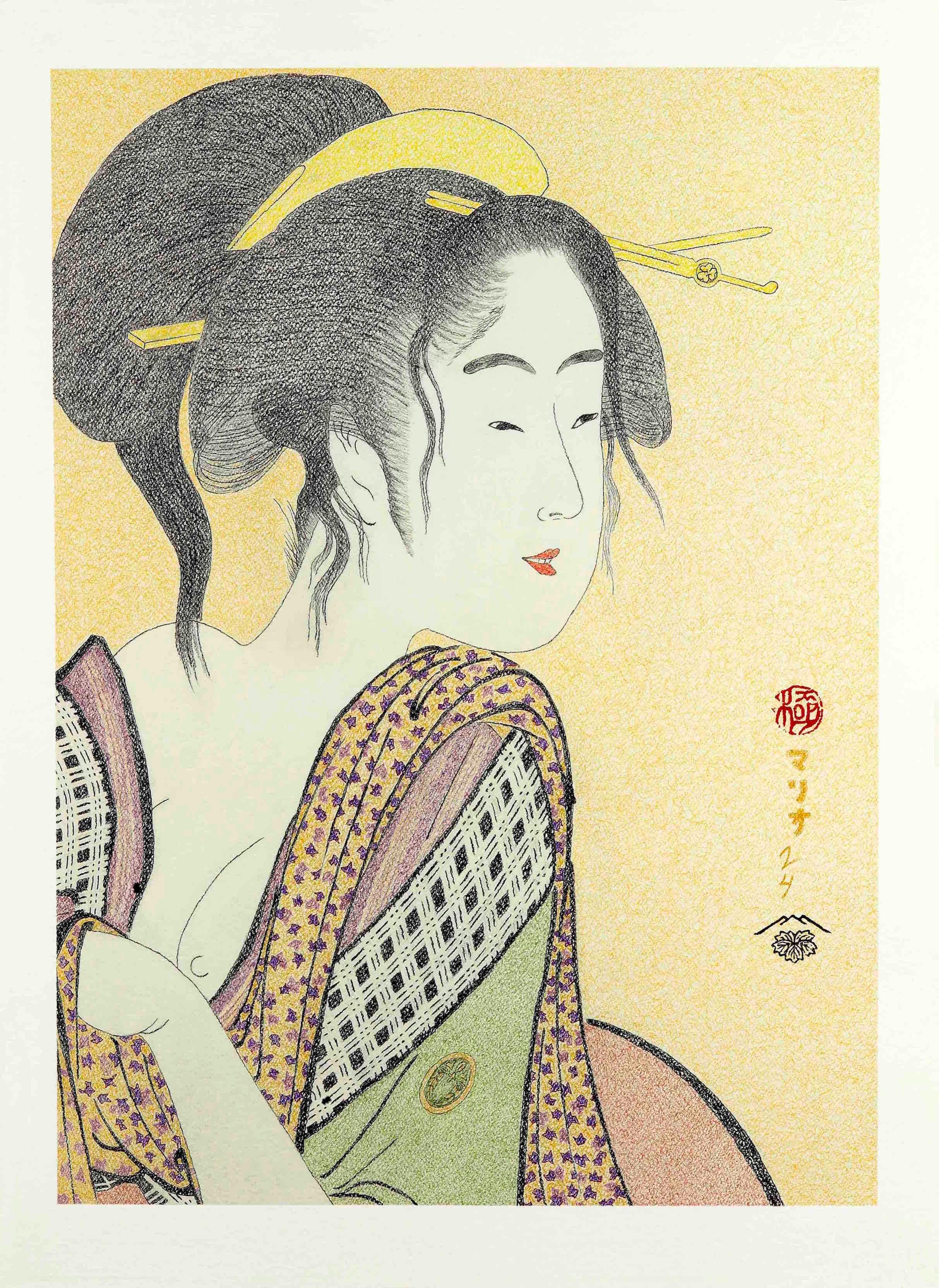 Bijin-ga Series XVII (nº 17)
Title: Love for a farmer´s wife

Sensual portrait of a young and beautiful farmer´s wife. Her cheerful and careless gesture, showing her chest between the open folds of the neckline of his humble dress; the strands of