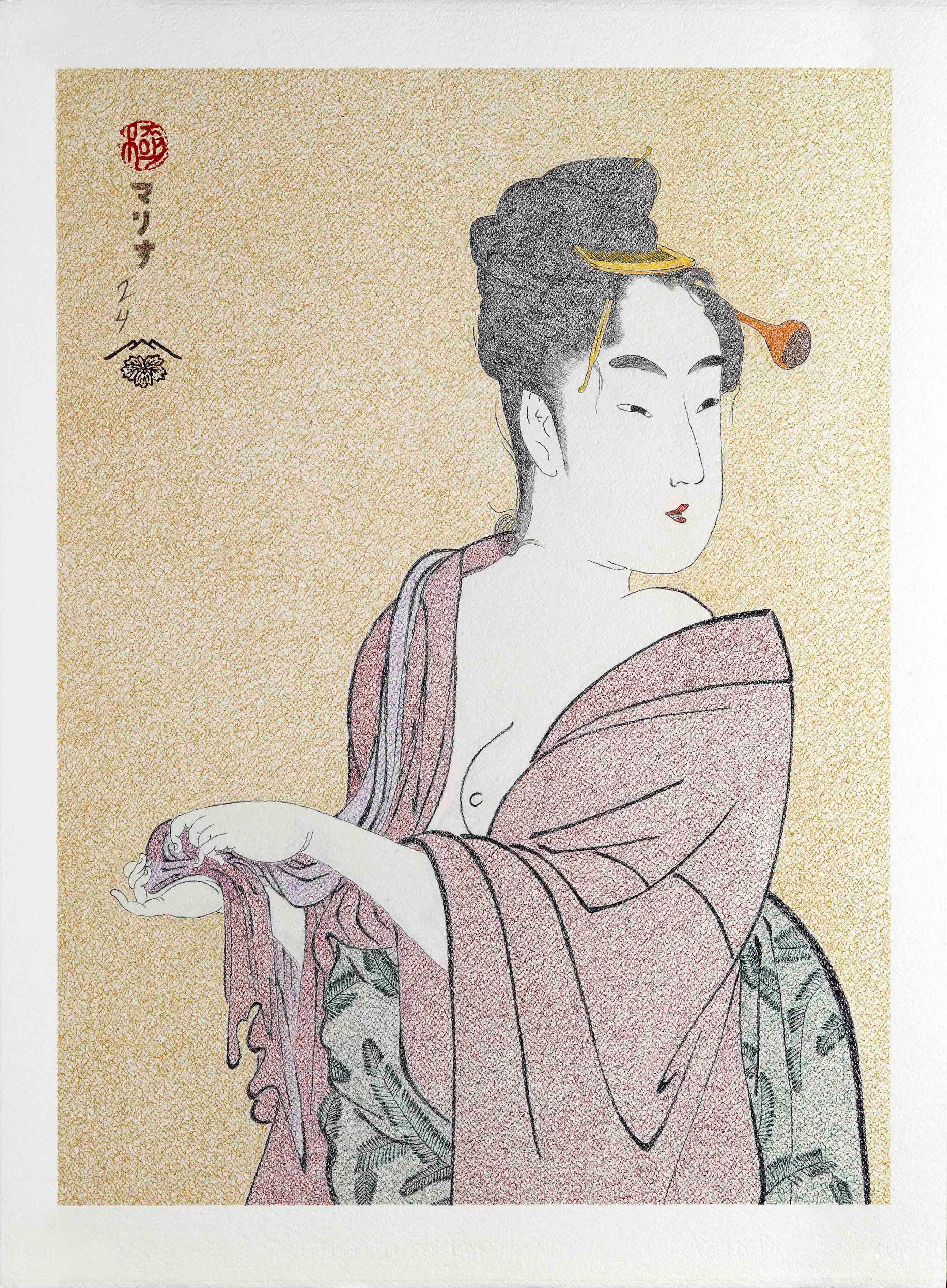 Bijing-ga Series XXII (Nº 22)

Title: THE FLICKLE TYPE
Upper half of the body of a woman in yukata (summer kymono) with part of her chest bare. Depicted just after a bath, she is turning her head and drying her hands with the towel hang on her