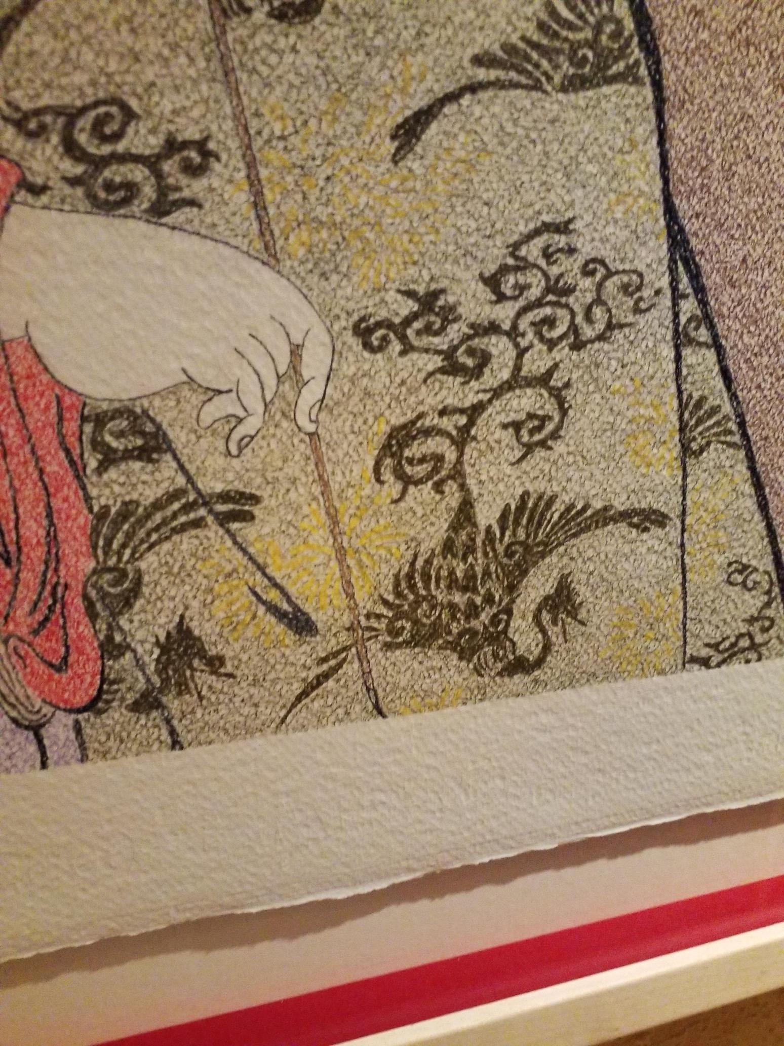 Bijin-ga Series XXVI (Nº 26)

Title: Hanaôgi of the Ôgiya House

Hanaôgi, one of the most famous courtesans of the Edo period working in the Ôgiya House, an exclusive brothel in the Yoshiwara appears beautifully dressed holding a writing brush on