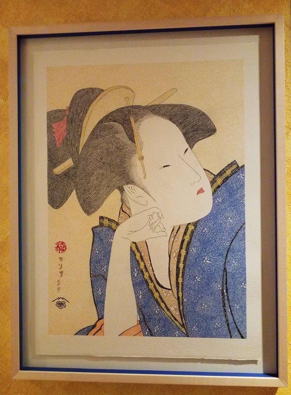 Japanese Art Ukiyo-e Figurative painting, Reflective Love, Edo period  For Sale 2
