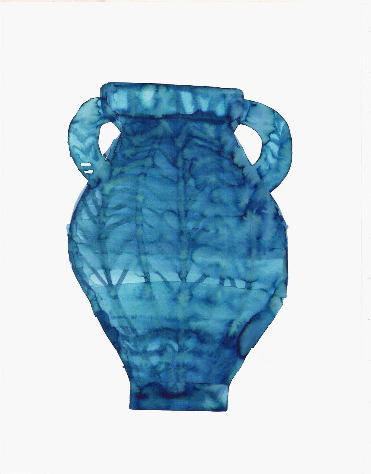 Yifat Gat Still-Life - Blue Vase, Ink on Watercolor Paper, Original Work on Paper, Signed