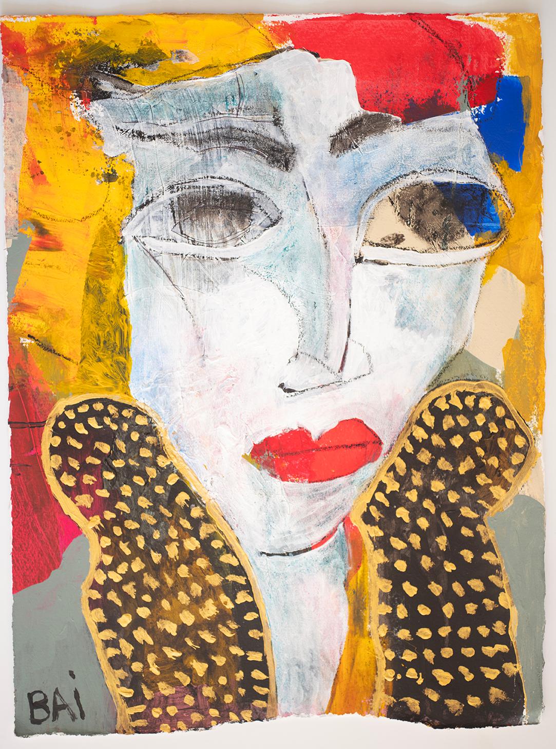 Il ritratto di una donna elegante con una stola leopardata, Eleg, 2025 dell'artista afroamericana Bai, è un disegno/pittura colorato su carta acquerellata di 15