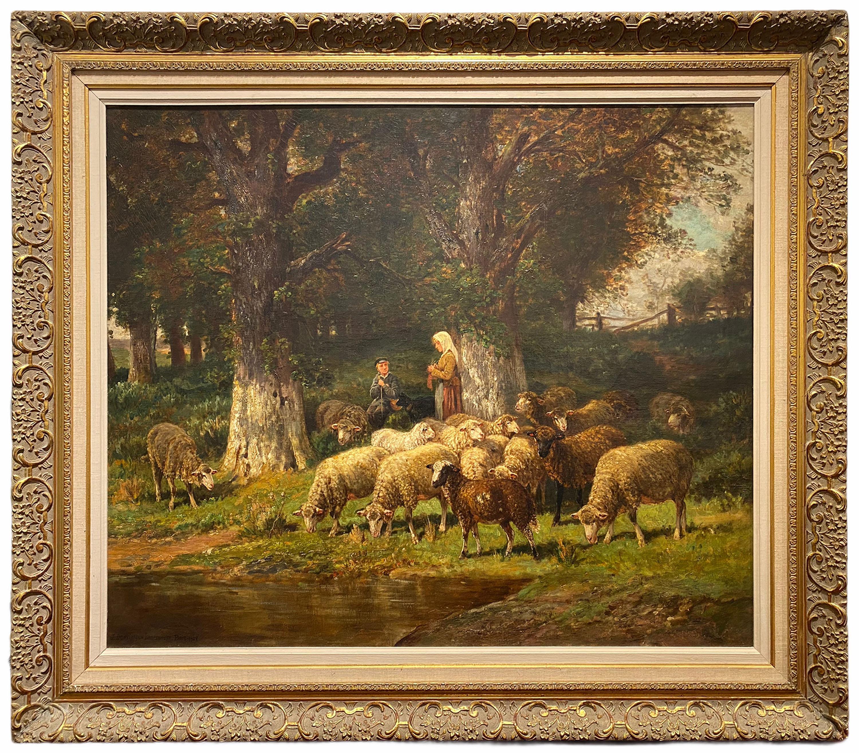 The Knitting Shepherdess and Her Flock - Painting by James Desvarreux-Larpenteur