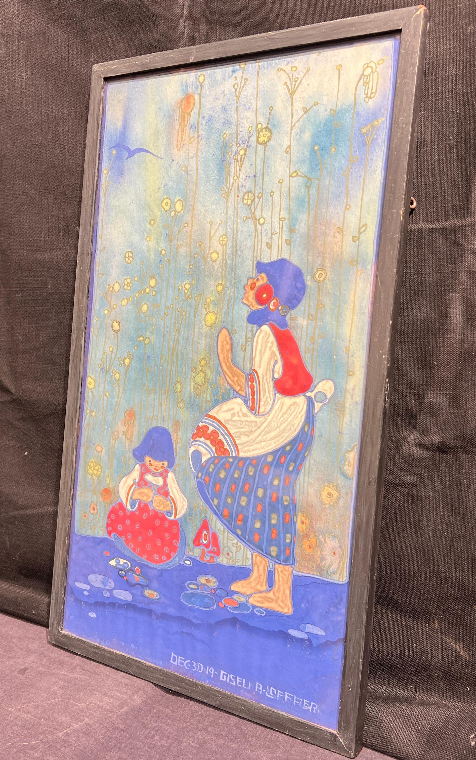 Mutter und Kind im Garten (Blau), Figurative Art, von Gisella Loeffler
