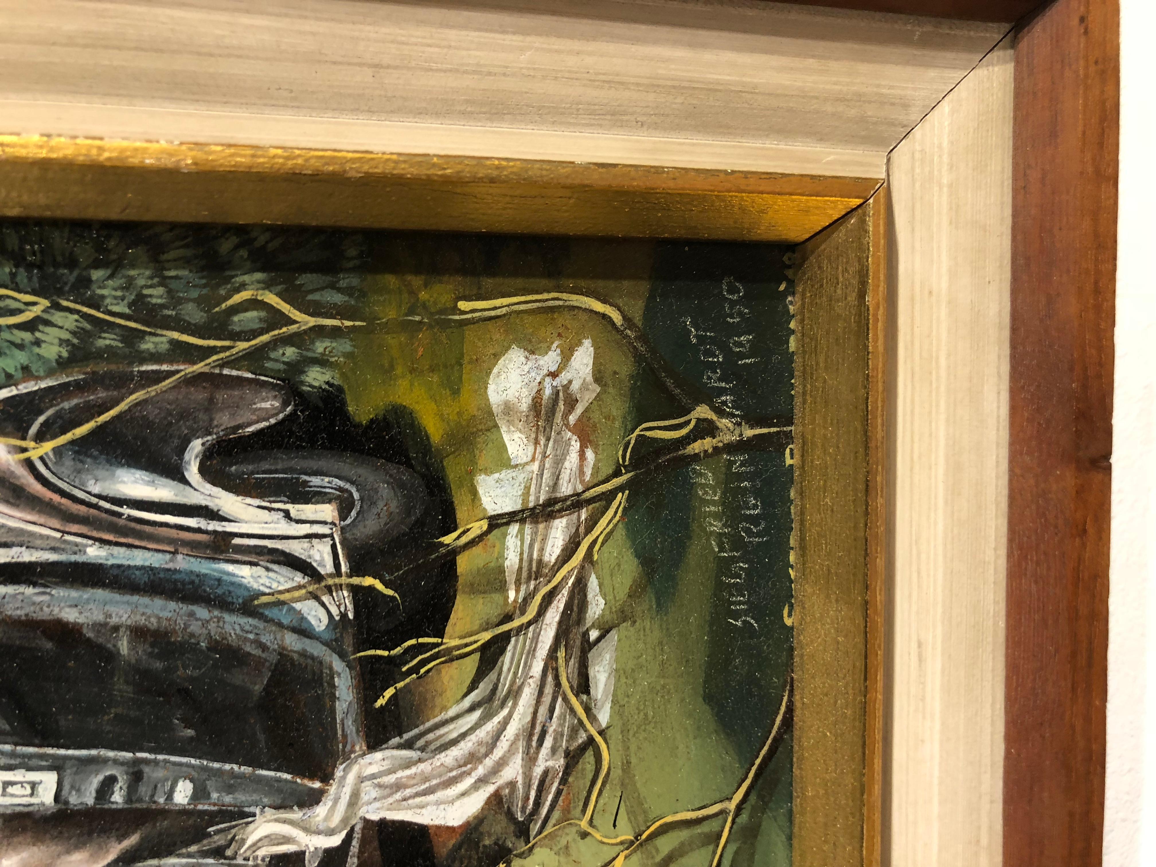 Paisaje surrealista con un americano descolgado y un Rolls Royce - Painting Surrealista de Siegfried Reinhardt