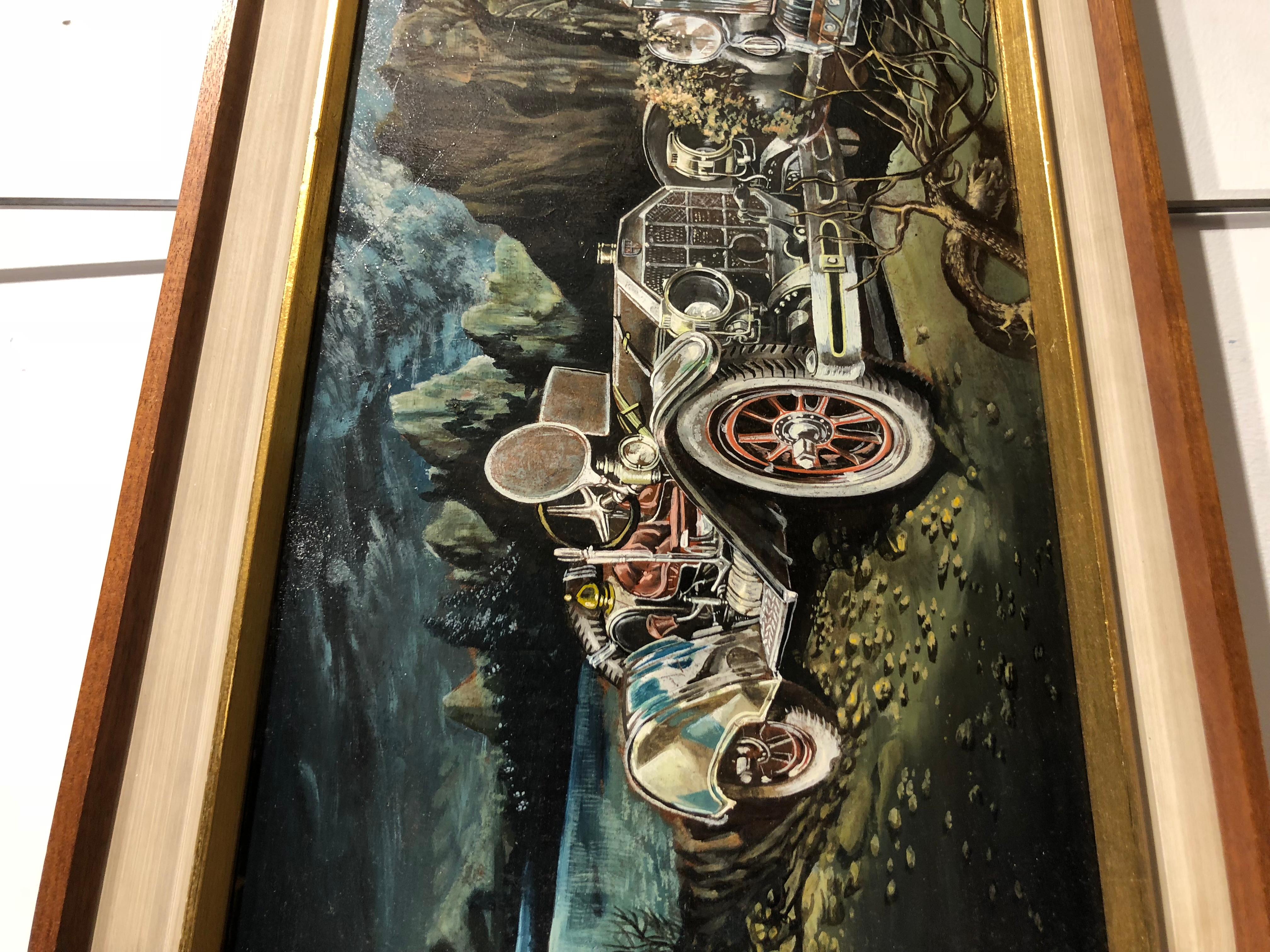 Paisaje surrealista con un americano descolgado y un Rolls Royce - Landscape Painting Negro de Siegfried Reinhardt