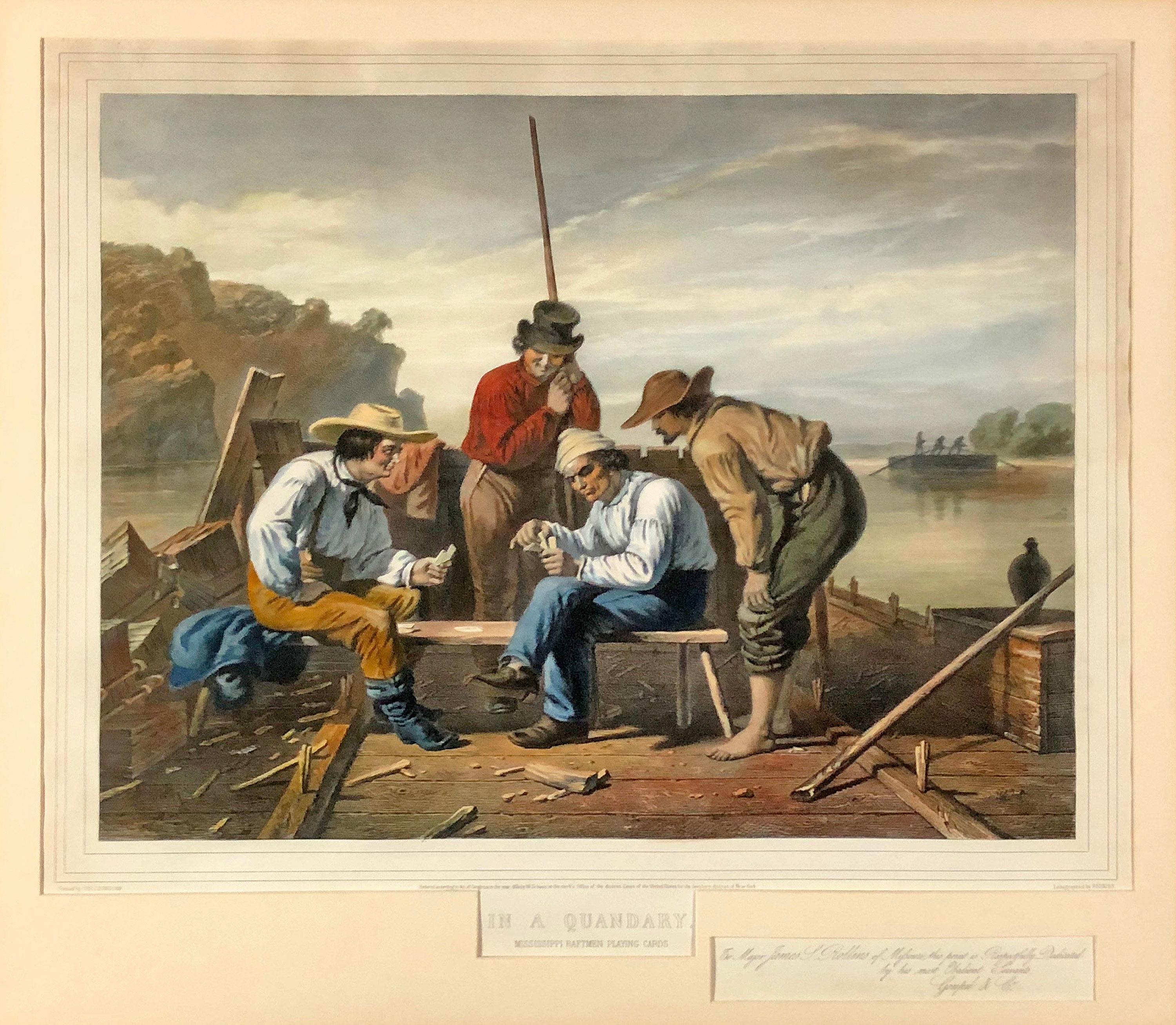 George Caleb Bingham Figurative Print - In a Quandary, Mississippi Raftmen Playing Cards