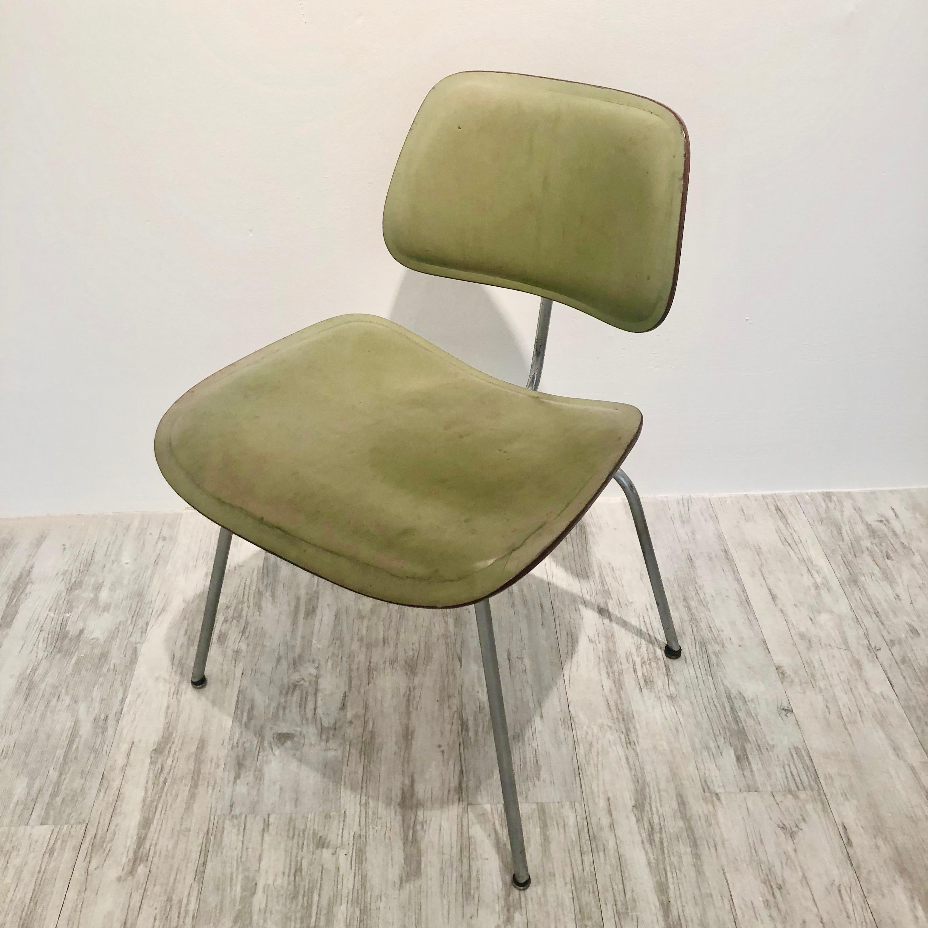 ONE OF A KIND CUSTOM SAGE GREEN LEATHER DCM CHAIR - Art by Charles and Ray Eames