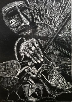 Contemporary Woodblock in Black and White "Lachrima Artis (The Tear of Art)"
