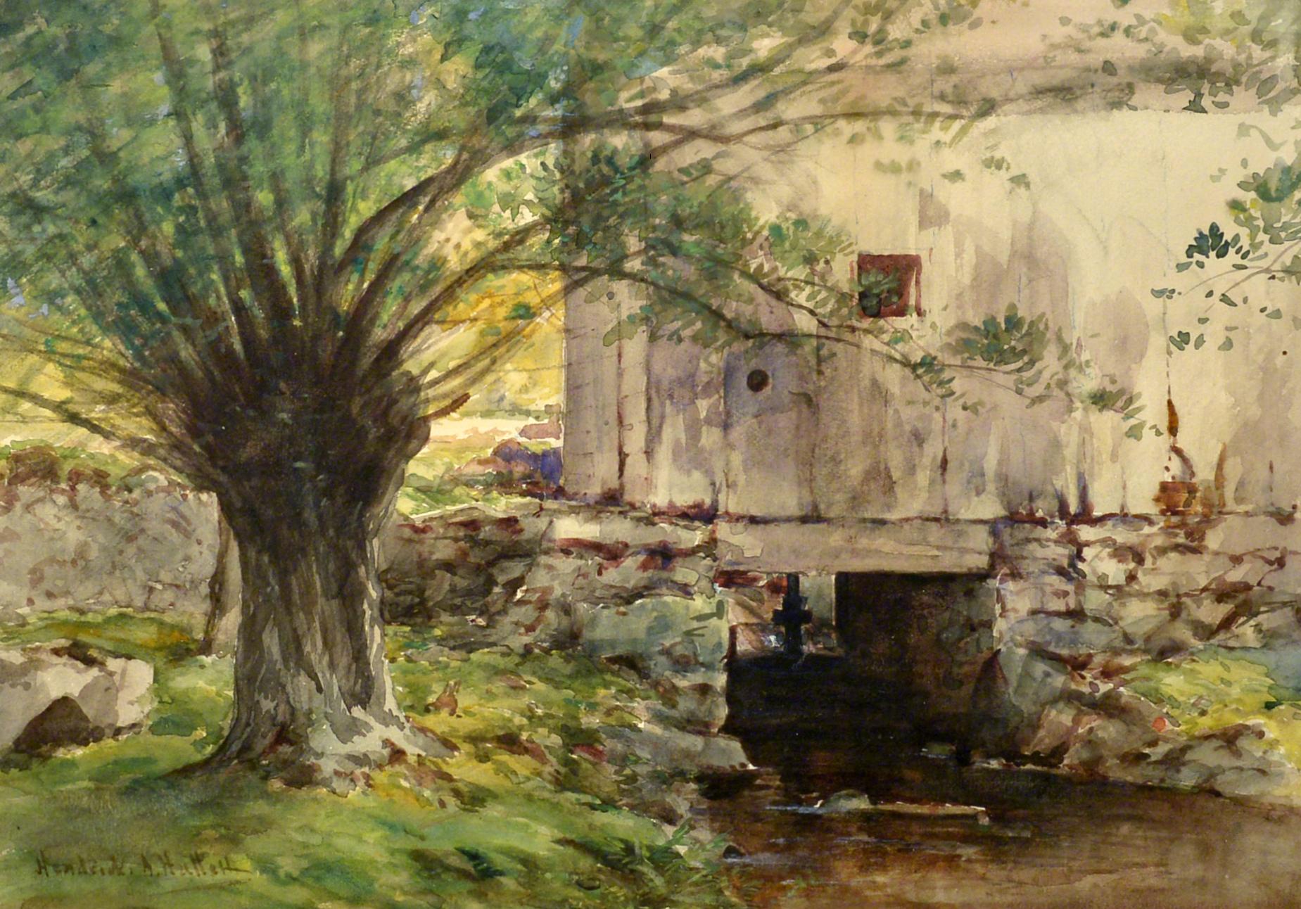 "Sunlit Willow, " Hendricks A. Hallett, watercolor, trees, stream, ca 1890-1900