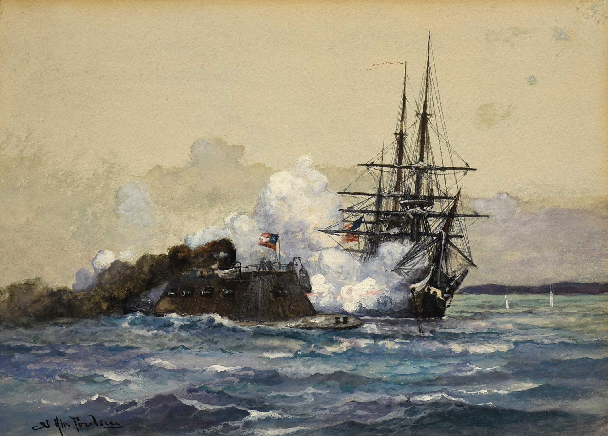 Charles Poulsen (19th century) Landscape Art - Maritime Engagement: CSS Virginia and USS Cumberland
