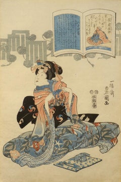 "Geisha with Origami, " Utagawa Toyokuni II, color woodblock print, Edo
