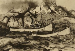 "Lobster Boats, Maine Coast," William Thon, ink wash, nautical, seascape, modern