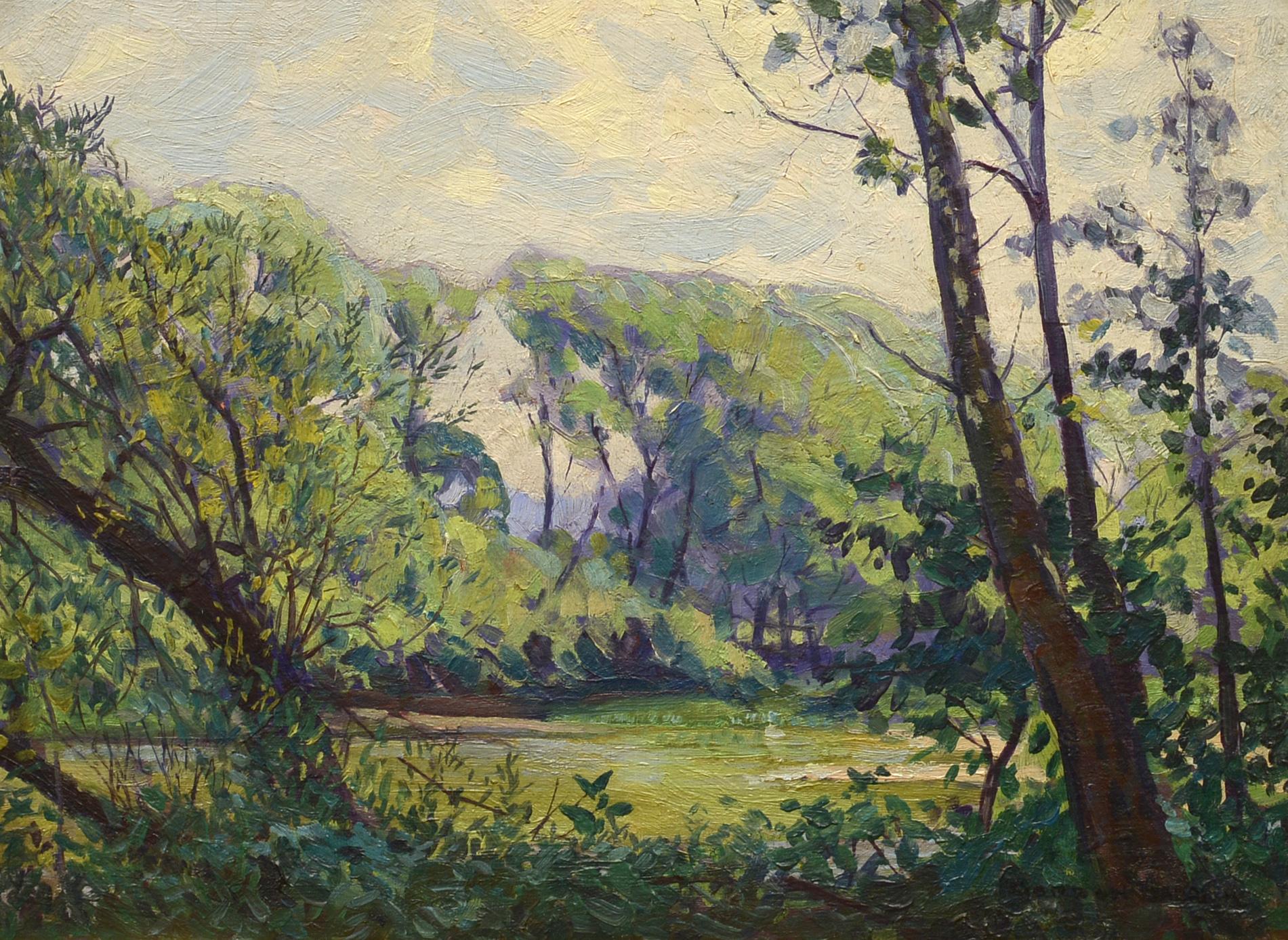Shirley Gordon Barrick Landscape Painting - "Along the River, " Shirley Barrick, oil, landscape, impressionist, ca 1920-30