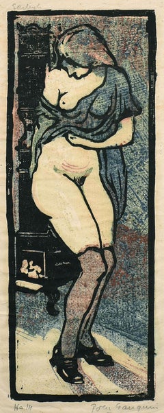 "By the Woodstove," Pola Gauguin, woodcut, figurative, nude