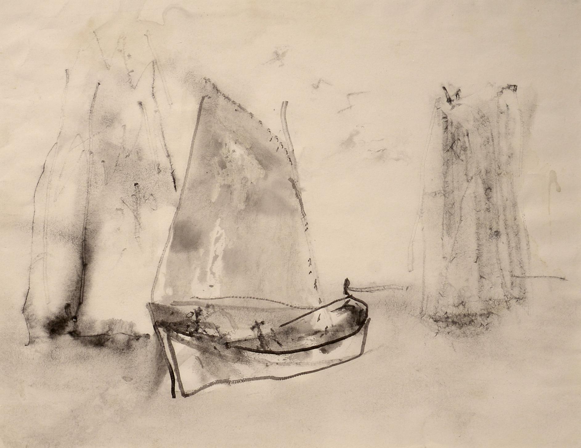 "Silvery Day, " William Thon, ink wash, sailboats, coastal, modernist