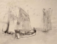 ""Silvery Day", William Thon, lavage à l'encre, voiliers, côte, moderniste