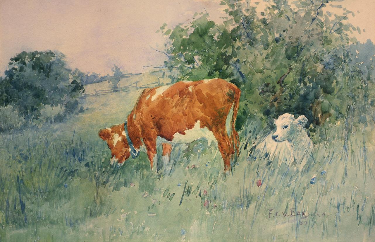 Frederic Charles Vipond Ede Animal Art - "Spring Calf, " Frederic Ede, watercolor, impressionist, pastoral landscape, 1889