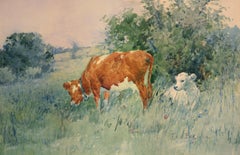 "Ternero de primavera", Frederic Ede, acuarela, impresionista, paisaje pastoral, 1889