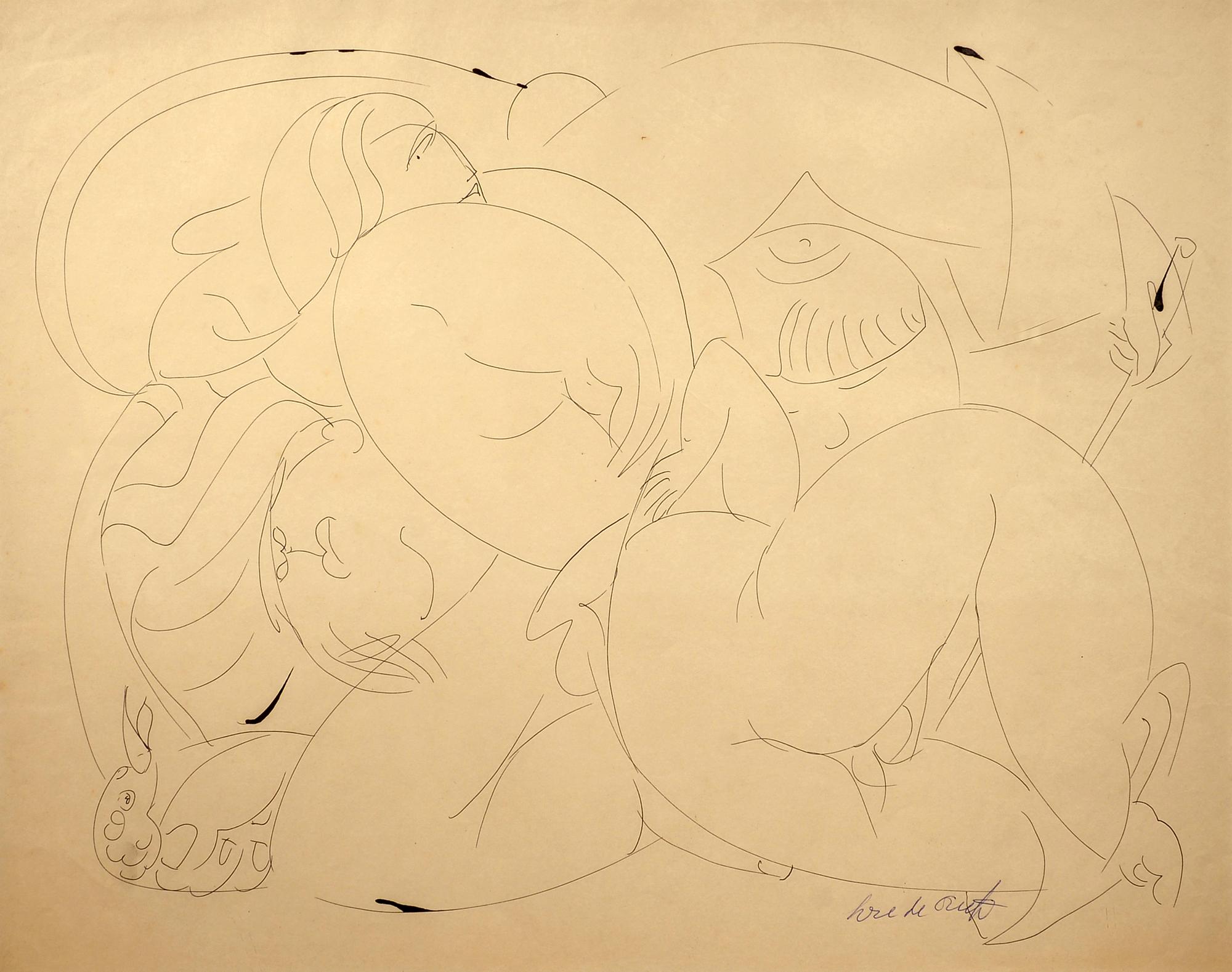 "Three Graces," Jose de Creeft, ink on paper, modern, figurative art, ca 1930's