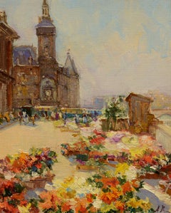 "Le Marche aux Fleurs, Paris, " France, Flower Market, Impressionist oil
