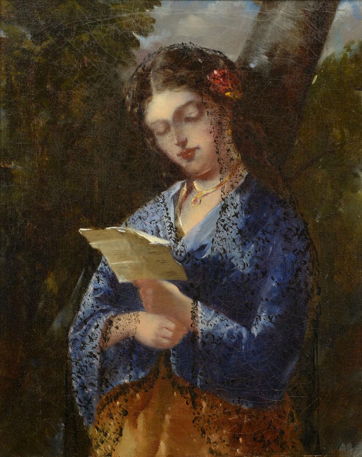 "The Letter, " attrib to Narcisse de la Pena Diaz, Barbizon oil of woman reading - Painting by Unknown