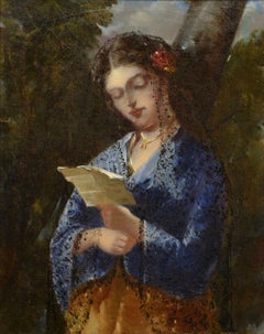 "The Letter, " attrib to Narcisse de la Pena Diaz, Barbizon oil of woman reading