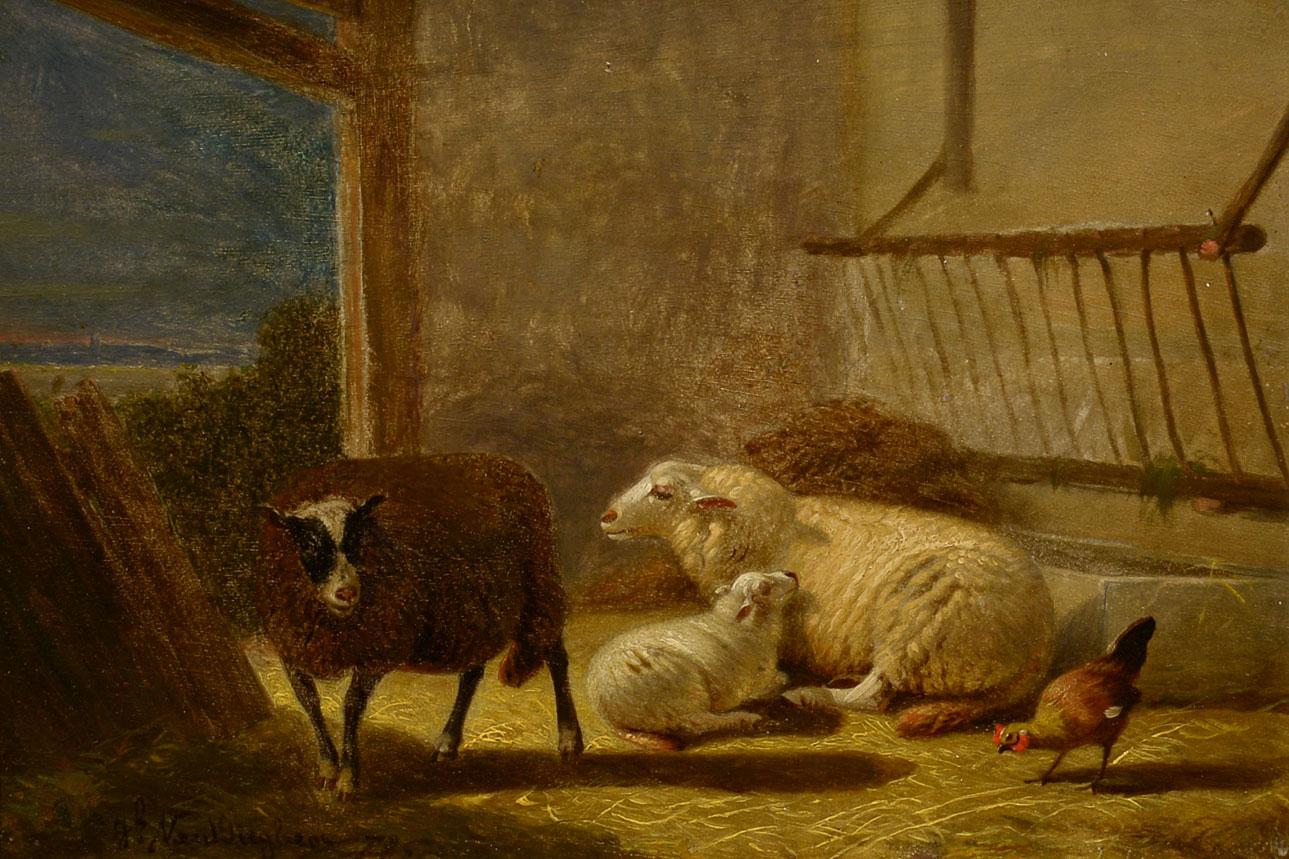 jacob van dieghem Animal Painting - "In the Stable, " Jacob van Dieghem, Realism, oil on panel, 19th c Belgian, sheep