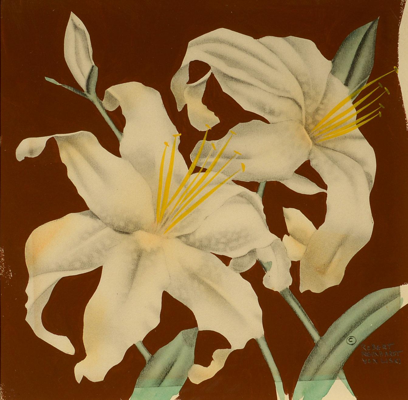 "Lilies, " Robert Reinhardt von Liski, gouache, flowers, Art Deco