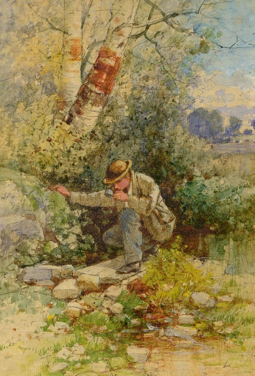 Albert Fitch Bellows Figurative Art - "Traveler's Refreshment, " Albert Bellows, 19th c landscape, watercolor, realism
