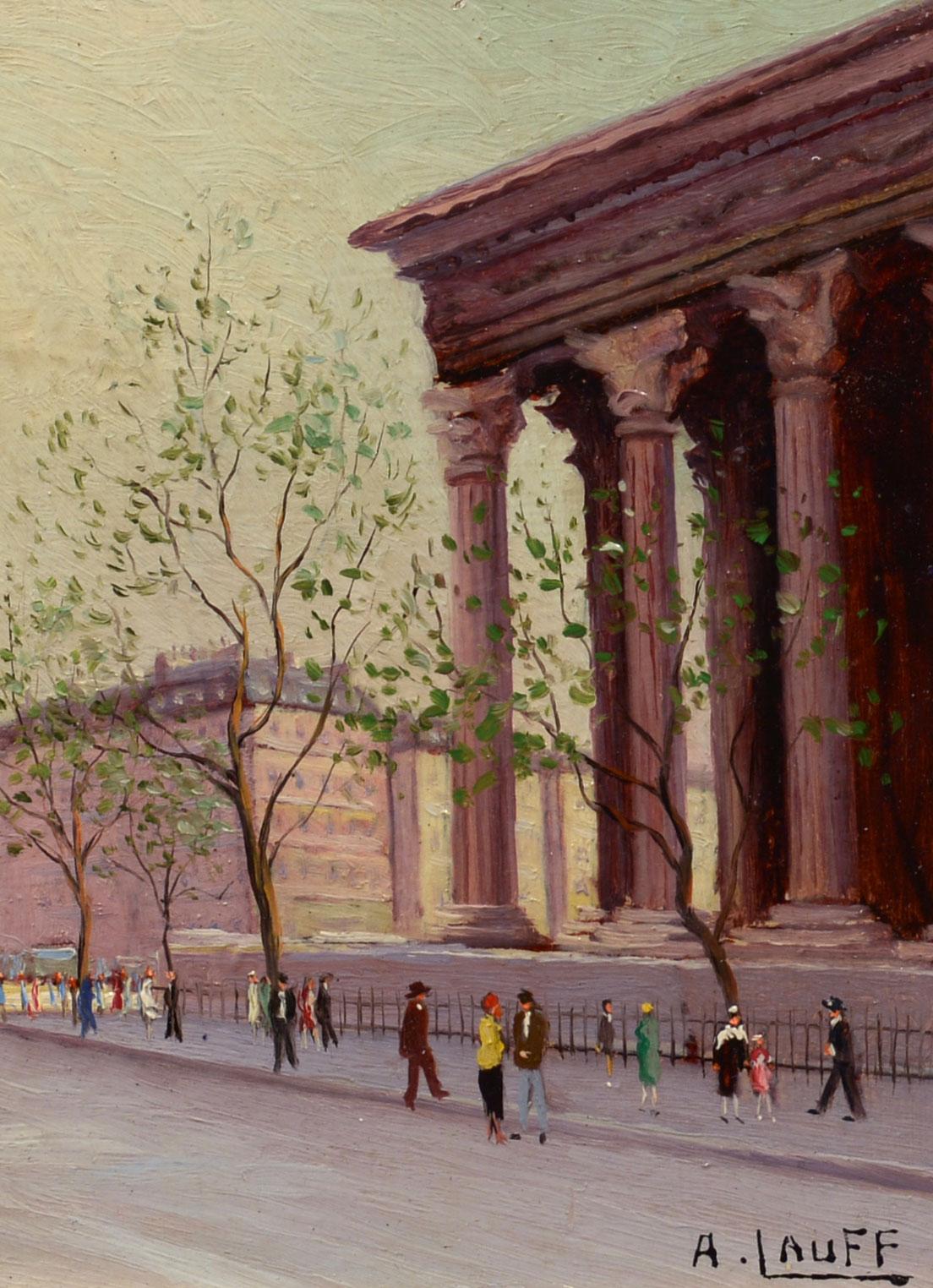 A Lauff Landscape Painting - "At the Madeleine, Paris" by A. Lauff, France, impressionist, mid-century, oil