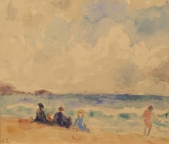 "At the Beach," Early 20th French Post-Impressionist Watercolor Landscape
