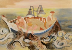 "Night Fishing," Mid-Century Modern Watercolor and Gouache Figures in a Boat