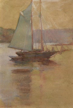 "Early Morning at Anchor," Late 19th Century Impressionist Watercolor, Sailboat