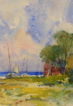 "Sailboats Along the Shore" Early 20th Century American Impressionist Watercolor