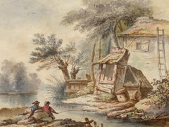 "Boys Fishing By a Mill, " French Late 18th C Romantic Old Master Watercolor