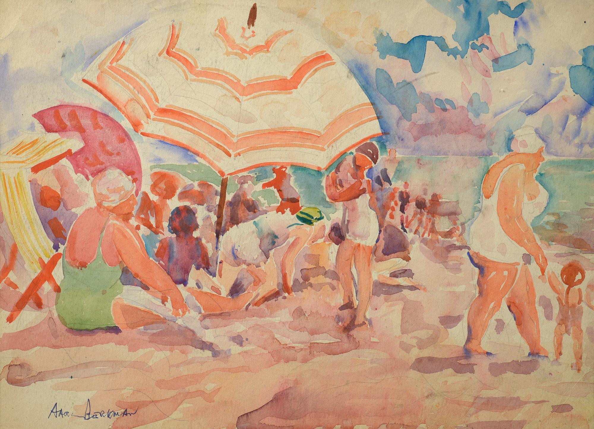 Aaron Berkman Figurative Art - "Under the Beach Umbrella, " American Realist, Watercolor, Seaside, Figural