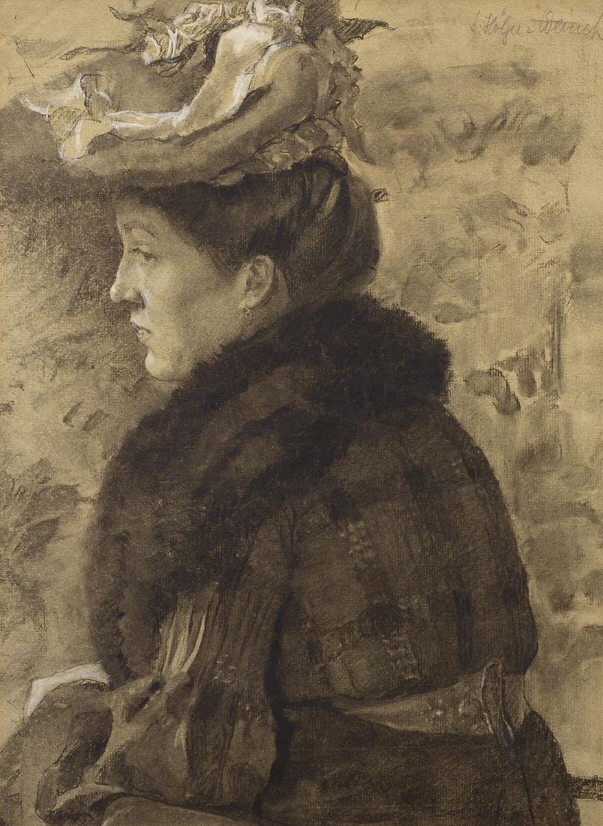 Irene Holzer-Weineck Portrait – Lady in a Feathered Hat, Porträt, Figur, Kohlezeichnung, Österreich